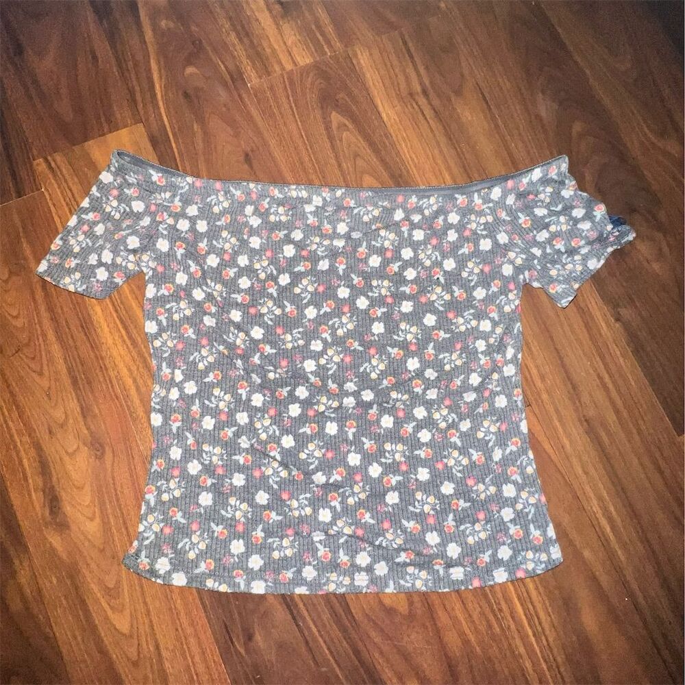 Mossimo Women's Gray Floral Off-Shoulder Crop Top Size S Casual